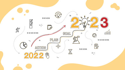 2023 New Year, goal, plan, action with doodle icons drawing set to do list and plan for next year for development to success and motivation. Vector illustration. - obrazy, fototapety, plakaty