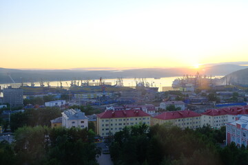 View of the city of Murmansk, Kola Bay and seaport, Russia, July 2022