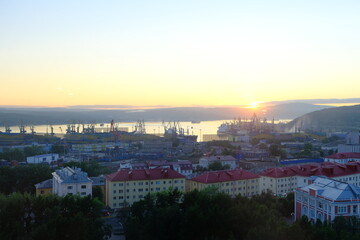Fototapeta na wymiar View of the city of Murmansk, Kola Bay and seaport, Russia, July 2022