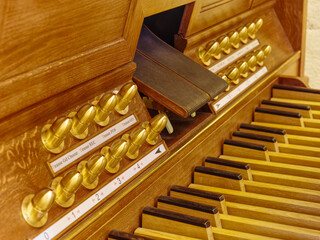Closeup of a pipe organ pedal keyboard (pedalboard)