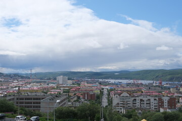 View of the city of Murmansk, Kola Bay and seaport, Russia, July 2022