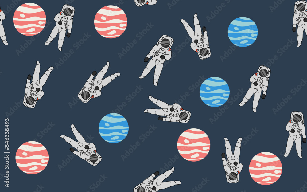 Poster an astronaut with two colored planets on a dark background. seamless pattern