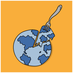 drawing of planet earth as a pizza, a fork on a piece of pizza