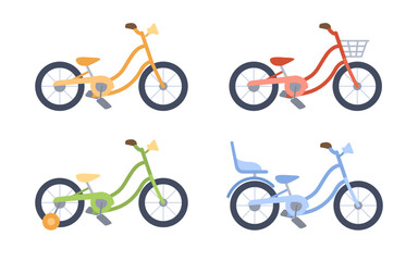 Side view of colorful bicycles vector illustrations set. Personal transport with and without baskets isolated on white background. Transportation, traveling, outdoor activity, sports concept