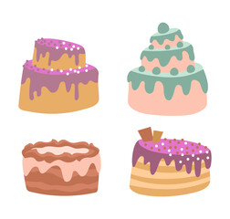 Colorful cakes with cream and frosting vector illustrations set. Collection of cartoon drawings of pies or cakes with icing isolated on white background. Bakery, desserts, food, celebration concept