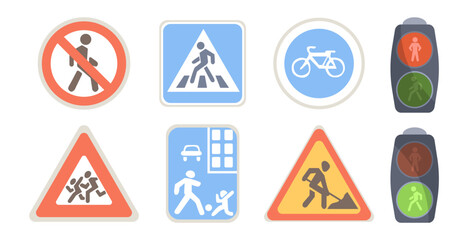 Different road signs vector illustrations set. Traffic signs for safe transportation and traffic lights isolated on white background. Traffic, protection, prevention, safety concept