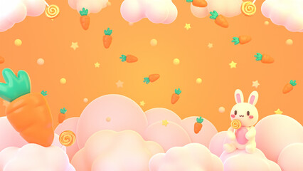 3d rendered kawaii bunny and carrot on the clouds.
