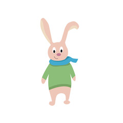 2023.Happy cute bunny in a sweater and scarf. Rabbit is the symbol of the year. Rabbit character for greeting cards and printing. Vector cartoon illustration.