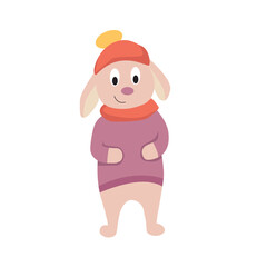 2023.Happy cute rabbit in a sweater, scarf and hat. Rabbit is the symbol of the year. Rabbit character for greeting cards and printing. Vector cartoon illustration.