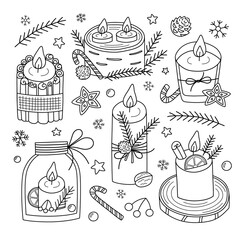 Christmas candle hand drawn collection, doodle icons of handmade scented candles, cozy scandy home decor, winter aromatherapy, vector doodle illustrations of cinnamon, spruce, isolated outline clipart