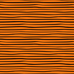 Thick horizontal lines, tiger stripes simple seamless geometric pattern, orange and black. Hand drawn vector illustration. Design concept for kids fashion print, textile, fabric, wallpaper, packaging.