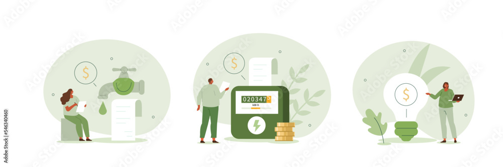 Wall mural 
Household bills illustration set. Characters calculating electricity, warm tap water and other utility costs. Energy and utilities consumption at home concept. Vector illustration.