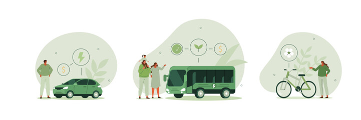 Sustainable transportation illustration set. Characters standing near private electric car, e-bike and public bus. Environmental friendly transport concept. Vector illustration. - obrazy, fototapety, plakaty