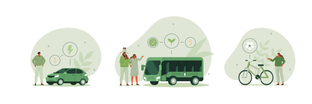 Sustainable transportation illustration set. Characters standing near private electric car, e-bike and public bus. Environmental friendly transport concept. Vector illustration.