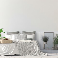 Home interior wall mock up with unmade bed, plaid,cushions and plant in white bedroom. Free space on right. 3D rendering. High quality illustration