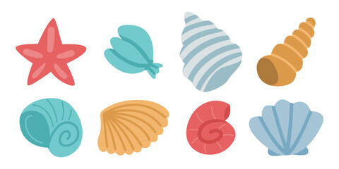 Colorful seashells of different shapes vector illustrations set. Collection of drawings of cockleshells, shellfish or mollusks isolated on white background. Traveling, vacation, holidays concept
