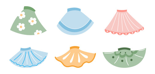 Different colorful skirts for women vector illustrations set. Collection of cartoon drawings of green, blue, pink and yellow skirts isolated on white background. Fashion, clothing concept