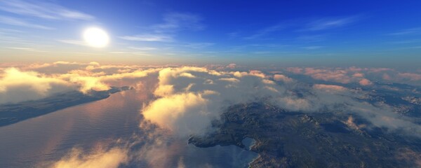 View of the landscape from the height of the flight, landscape at sunset among the clouds, flying above the ground at sunset, 3d rendering