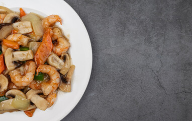 Chop Suey with shrimp. Oriental dish with space for text