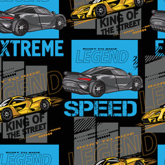 Abstract seamless pattern with sport cars .Bright background with grunge elements for textiles, children's clothes, prints. Pattern for boys © SokolArtStudio