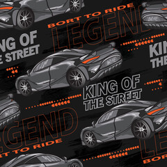 Abstract seamless pattern with sport cars .Bright background with grunge elements for textiles, children's clothes, prints. Pattern for boys © SokolArtStudio