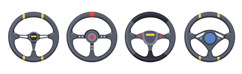 Different steering wheels for car vector illustrations set. Collection of drawings of steering wheels with buttons for driving or game on white background. Transportation, entertainment concept - obrazy, fototapety, plakaty