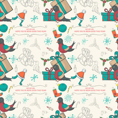 Seamless banner pattern for Christmas and New Year design in the style of doodle Birds sitting on holiday boxes