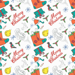 Fototapeta na wymiar Seamless banner pattern for Christmas and New Year design in the style of doodle Socks for gifts on the background of festive items