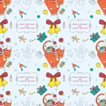 Seamless pattern banner for Christmas and New Years design in the style of doodle Santa Claus with a bag of gifts sits on a tiger on the background of festive items