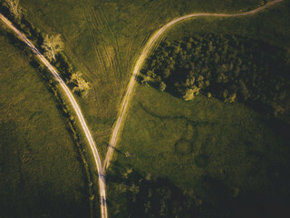 Drone photo of path that splits. The fork in the road resembles the letter Y or can be seen as a...