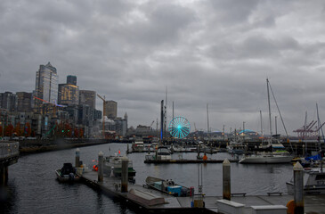 A view of the Seattle Washington downtown cityscape on a rainy day in fall.