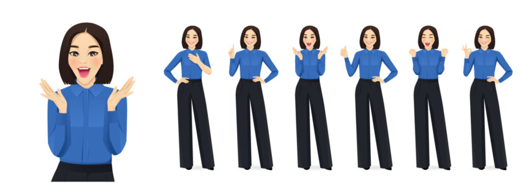 Business asian woman showing positive emotions with different gestures. Isolated vector illustration set.