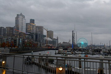 Fototapeta na wymiar A view of the Seattle Washington downtown cityscape on a rainy day in fall.