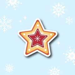vector illustration. Sticker of a gingerbread cookie for Christmas and New Year. background with snowflakes. Element for design and decor.