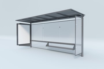 3D rendering of a modern simple bus stop side view on white background