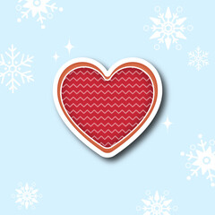 vector illustration. Sticker of a gingerbread cookie for Christmas and New Year. background with snowflakes. Heart. Element for design and decor.