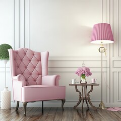 Pink fabric armchair in the living room with coffee table and hanging lamp white classic wall panel and wooden floor. 3d rendering living room interior for design and dacoration.