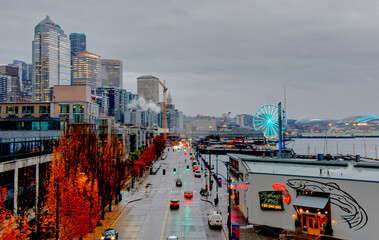 A view of the Seattle Washington downtown cityscape on a rainy day in fall.