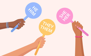 Gender pronouns - hands holding signs with different pronouns, male, female and non-binary