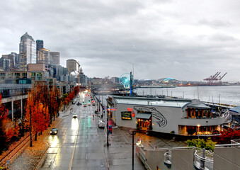 A view of the Seattle Washington downtown cityscape on a rainy day in fall.