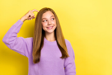 Photo of young excited positive girlish woman scratch head minded looking interested offer...