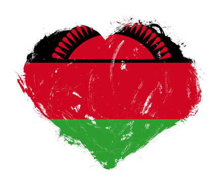 Malawi flag in stroke brush heart shape on white background