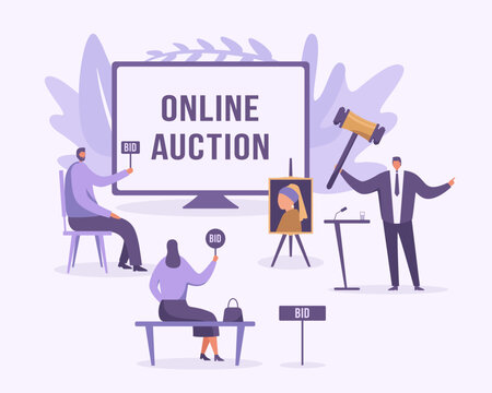 Online auction concept. Auctioneer and collectors