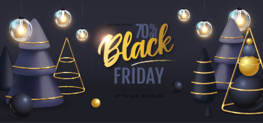 Black friday big sale poster with black plastic christmas trees and electric lamps. Vector illustration