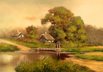 Digital paintings rural landscape, road in the village, landscape in the morning, landscape with house, landscape with lake and trees