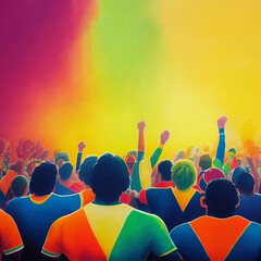 Fototapeta na wymiar Colorful drawing of sports fans or protesters with raised hands. Soccer, football, concert. Digitally generated image.