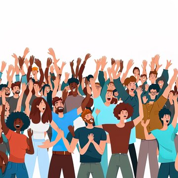 Crowd of happy people group, welcoming and applauding. Active fans audience with hands up standing together. Young men and women yelling at event. Flat 2r illustrated illustration isolated on white