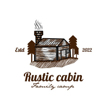 Premium wooden cabin and pine forest design logo on vintage white background