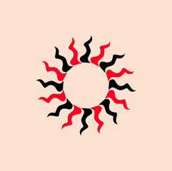 Sun vector illustration with red and black colors. Long Petals sun symbol. Surya icon.