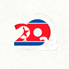 New Year 2023 for North Korea on snowflake background.
